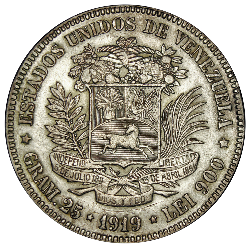 Excelente Moneda Plata 5 Bolivares Fuerte 1919 - Numisfila