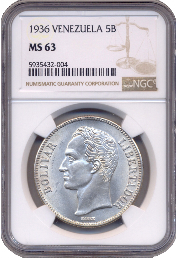 Bella Moneda 5 Bolívares 1936 Cápsula NGC MS 63  - Numisfila