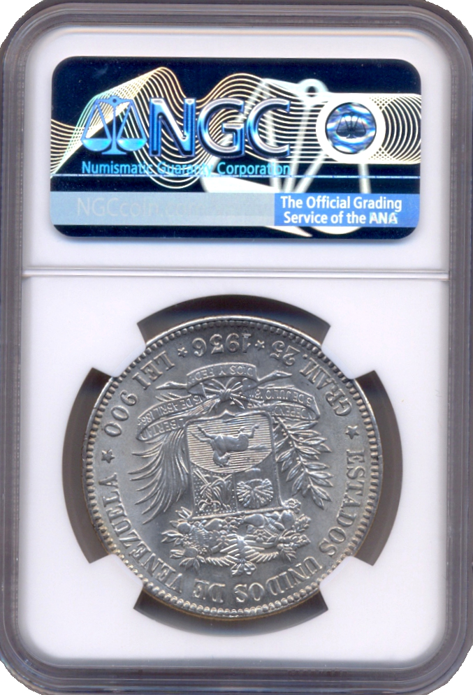 Bella Moneda 5 Bolívares 1936 Cápsula NGC MS 63  - Numisfila