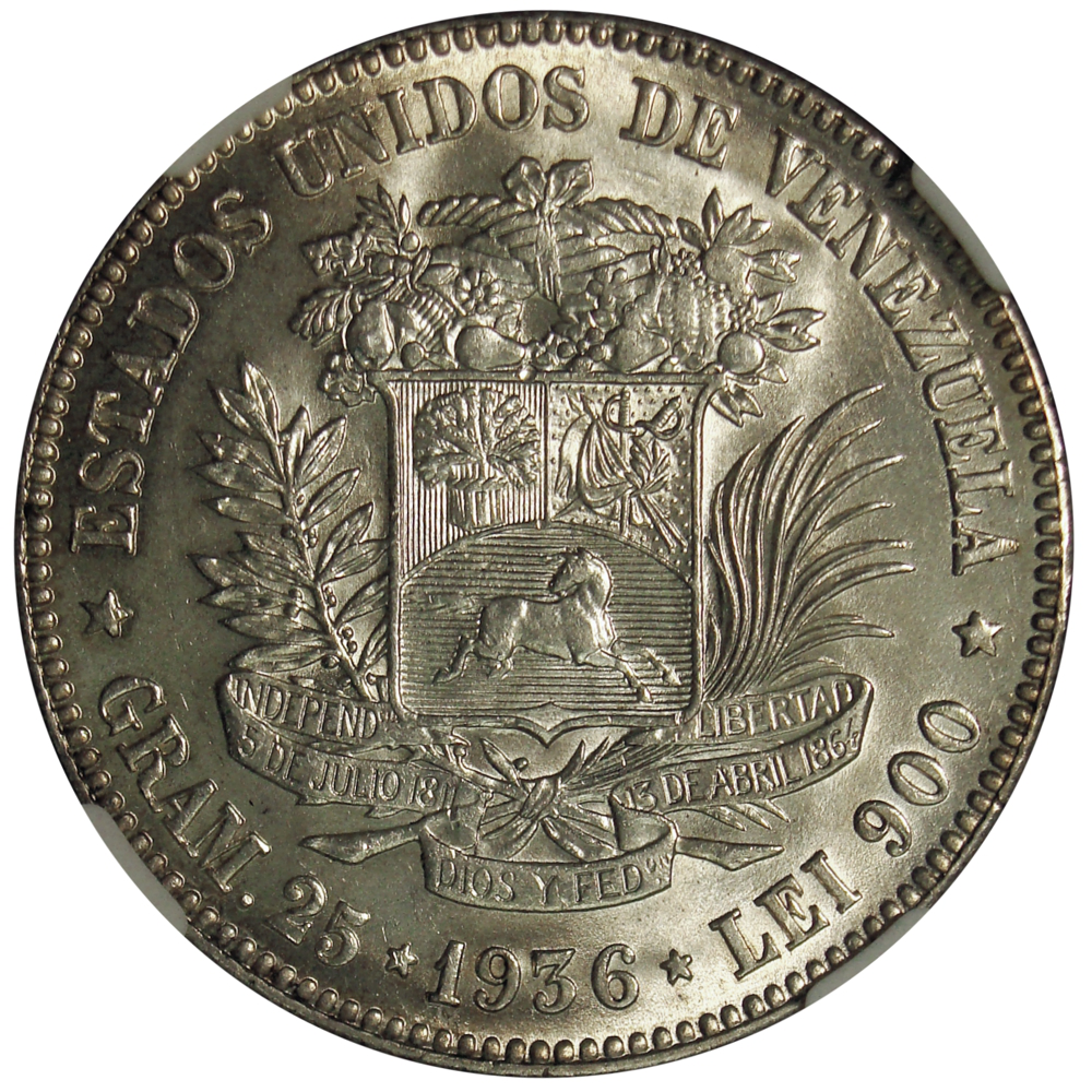 Bella Moneda 5 Bolívares 1936 Cápsula NGC MS 63  - Numisfila