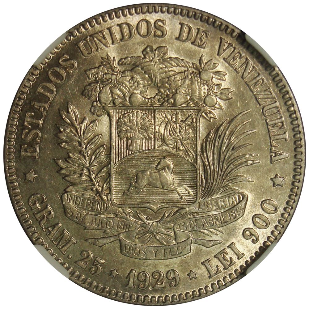 Bella Moneda 5 Bolívares 1929 Cápsula NGC AU 55  - Numisfila