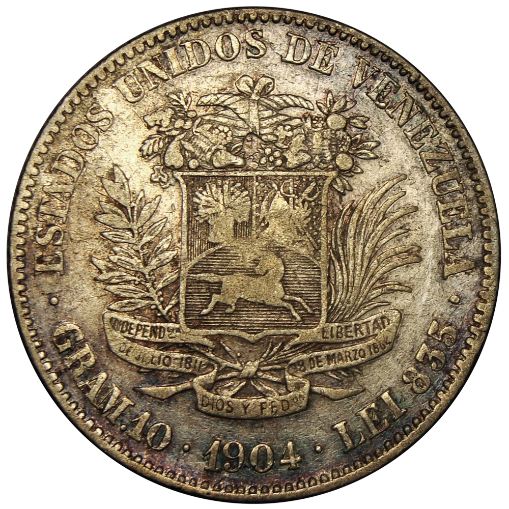 Moneda Plata 2 Bolívares 1904 Cero y Cuatro pequeños  - Numisfila