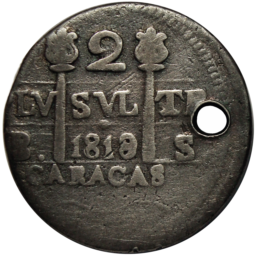 Moneda Caracas 2 Reales 1819 - 9 sobre 8 Castillo León Morillera - Numisfila