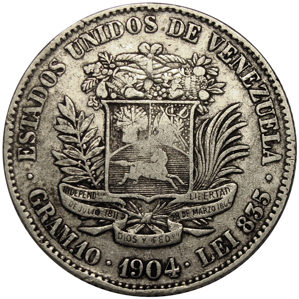 Moneda de Plata 2 Bolívares 1904 Cero Grande, Cuatro Grande y Alto - Numisfila