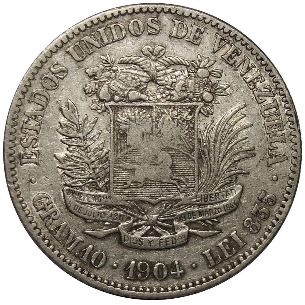 Moneda de Plata 2 Bolívares 1904 Cero y Cuatro pequeños - Numisfila