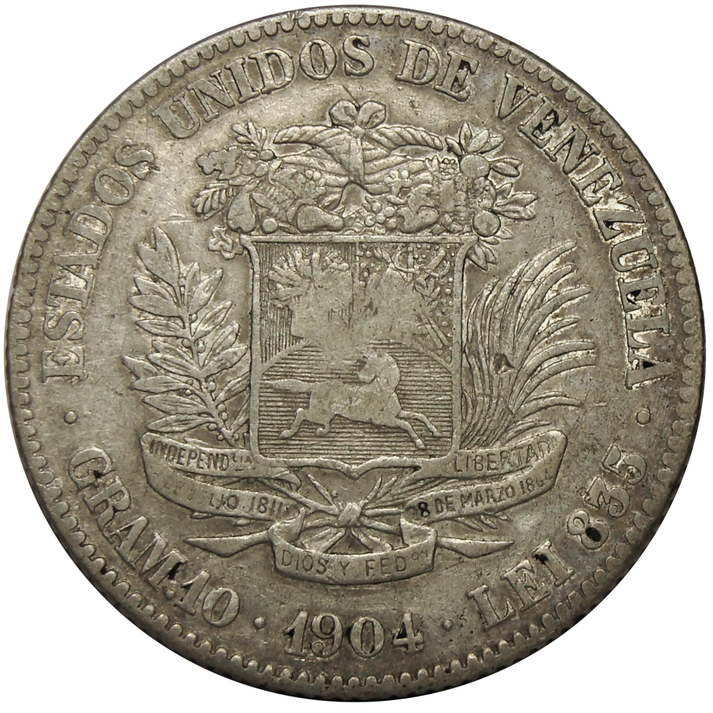 Moneda de Plata 2 Bolívares 1904 "04" Pequeños - Numisfila