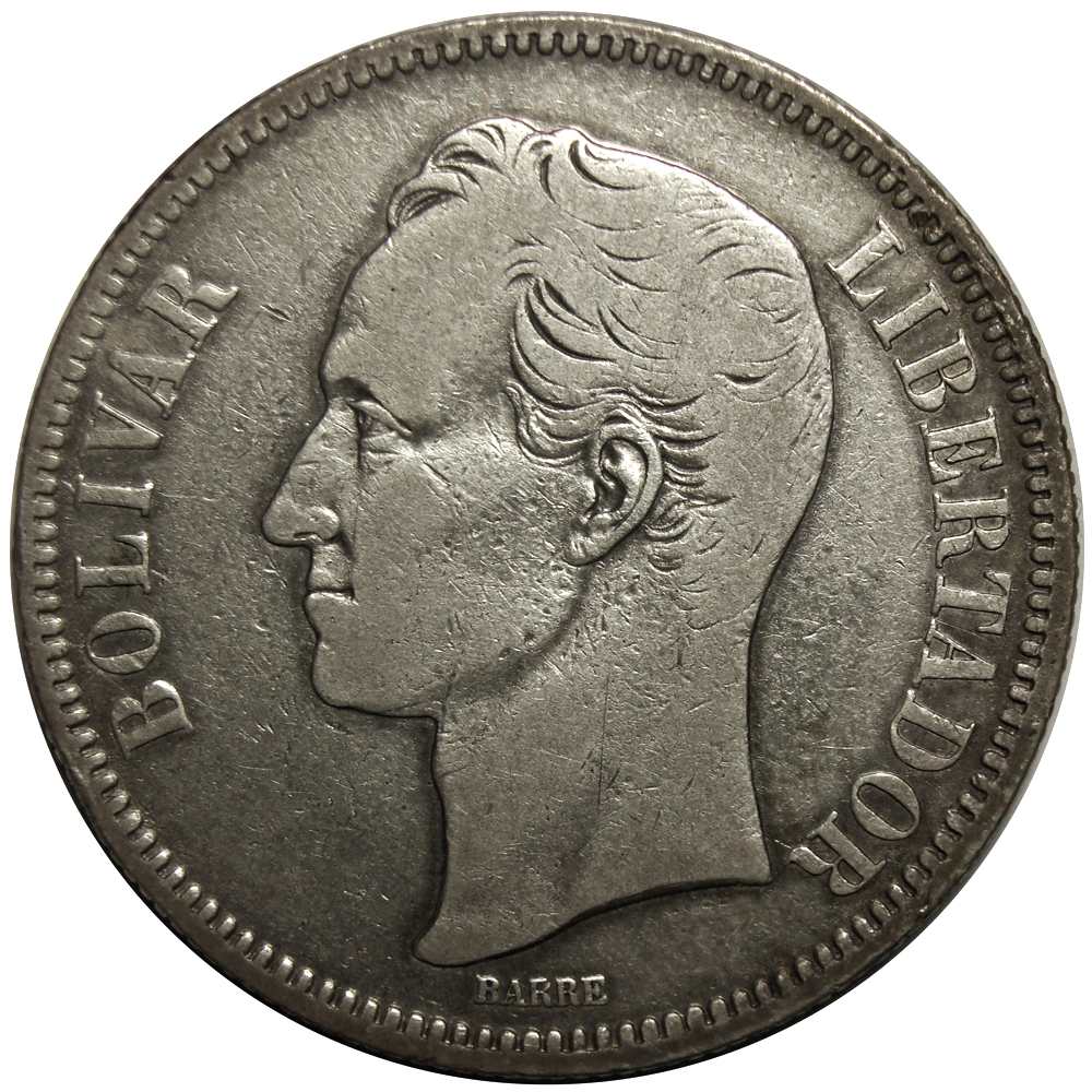 Fuerte Moneda de Plata 5 Bolívares 1886 Fecha Normal  - Numisfila