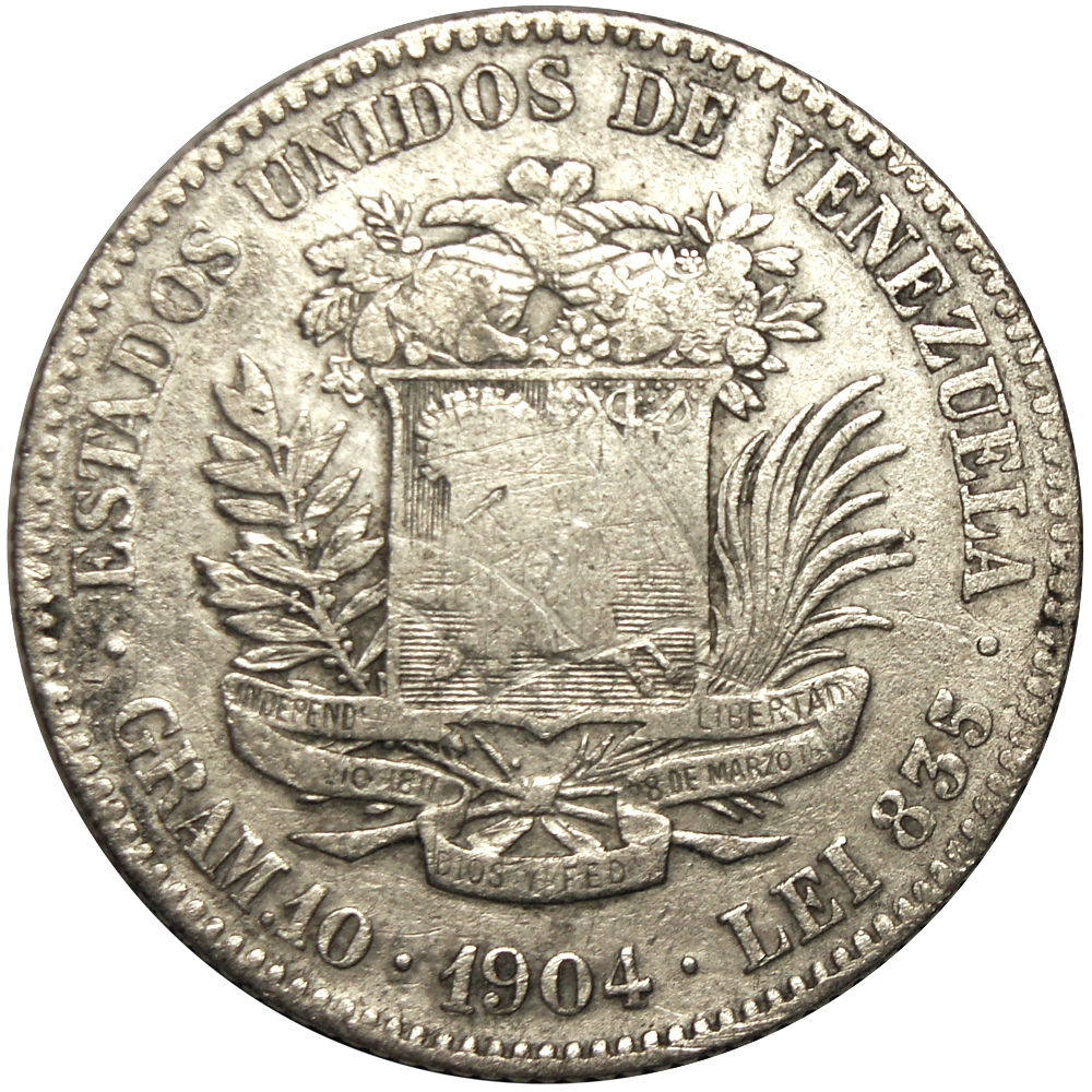 Moneda de Plata 2 Bolívares 1904 Variante 