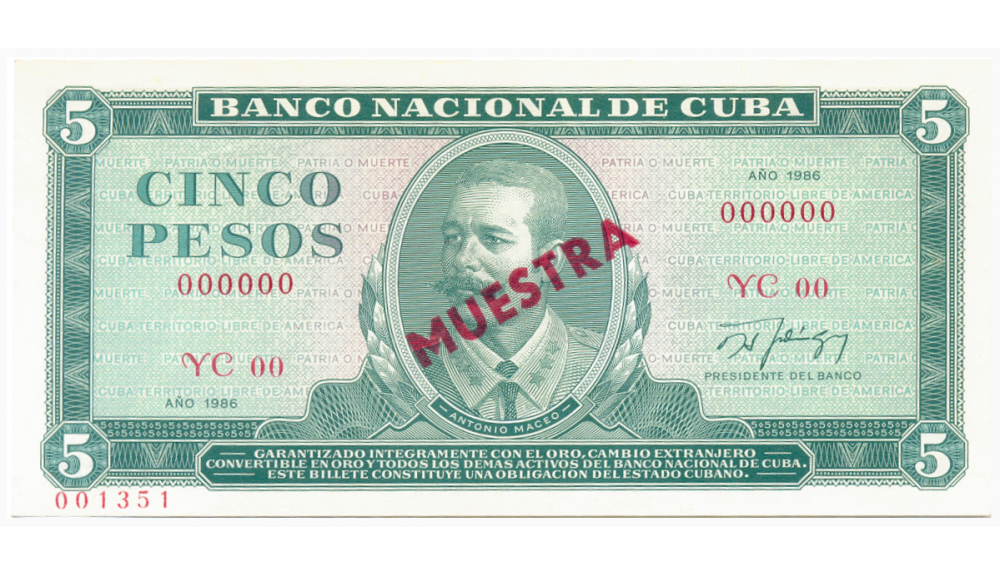 Billete Muestra Cuba 5 Pesos 1986 #001351 Antonio Maceo  - Numisfila