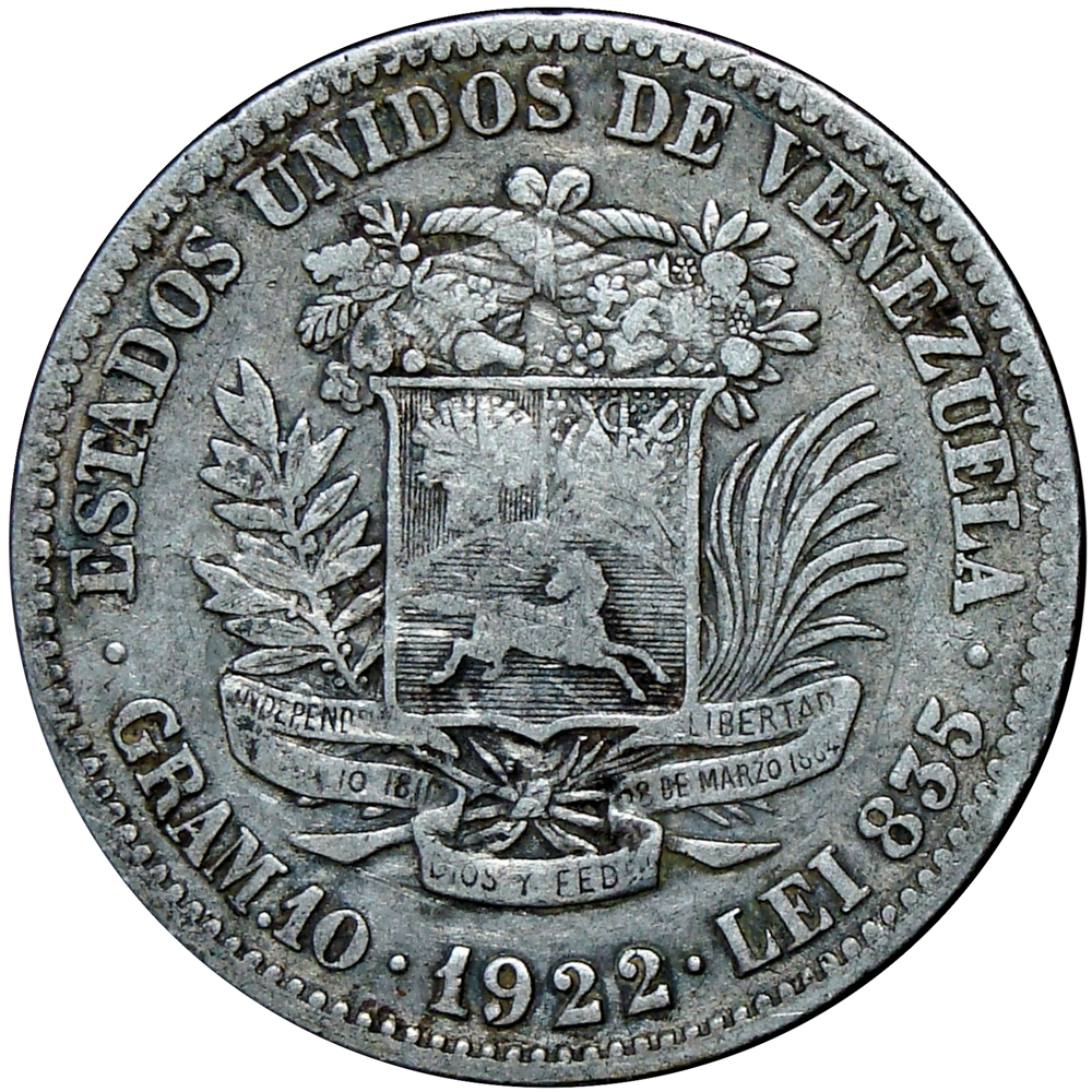 Moneda de Plata 2 Bolívares 1922 Fecha abierta y último 2 alto - Numisfila