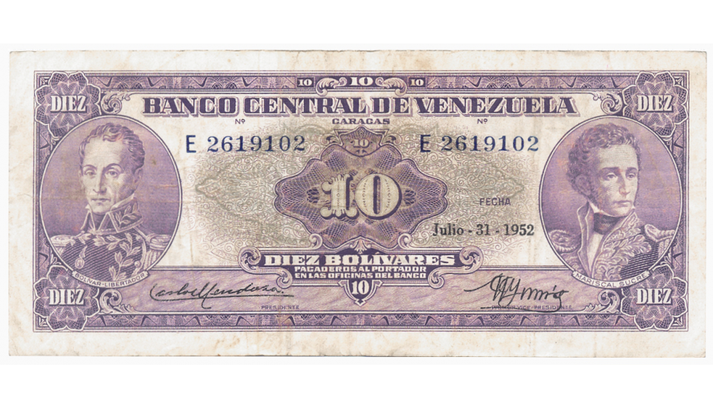 Escaso Billete Orejón 10 Bolívares 1952 E7 Serial E2619102 - Numisfila