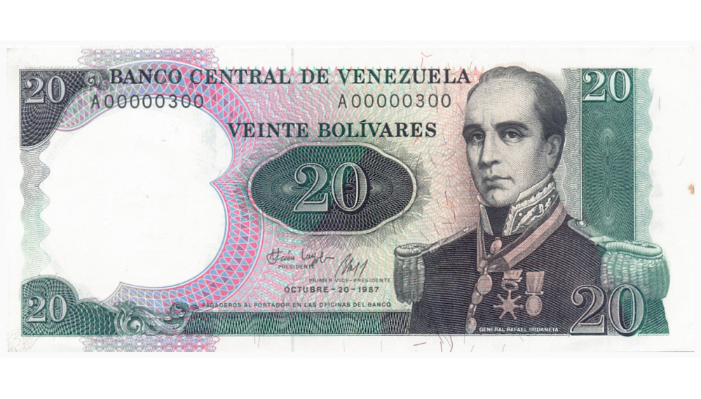 Billete 20 Bolívares 1987 Serial Bajo A00000300 Urdaneta - Numisfila