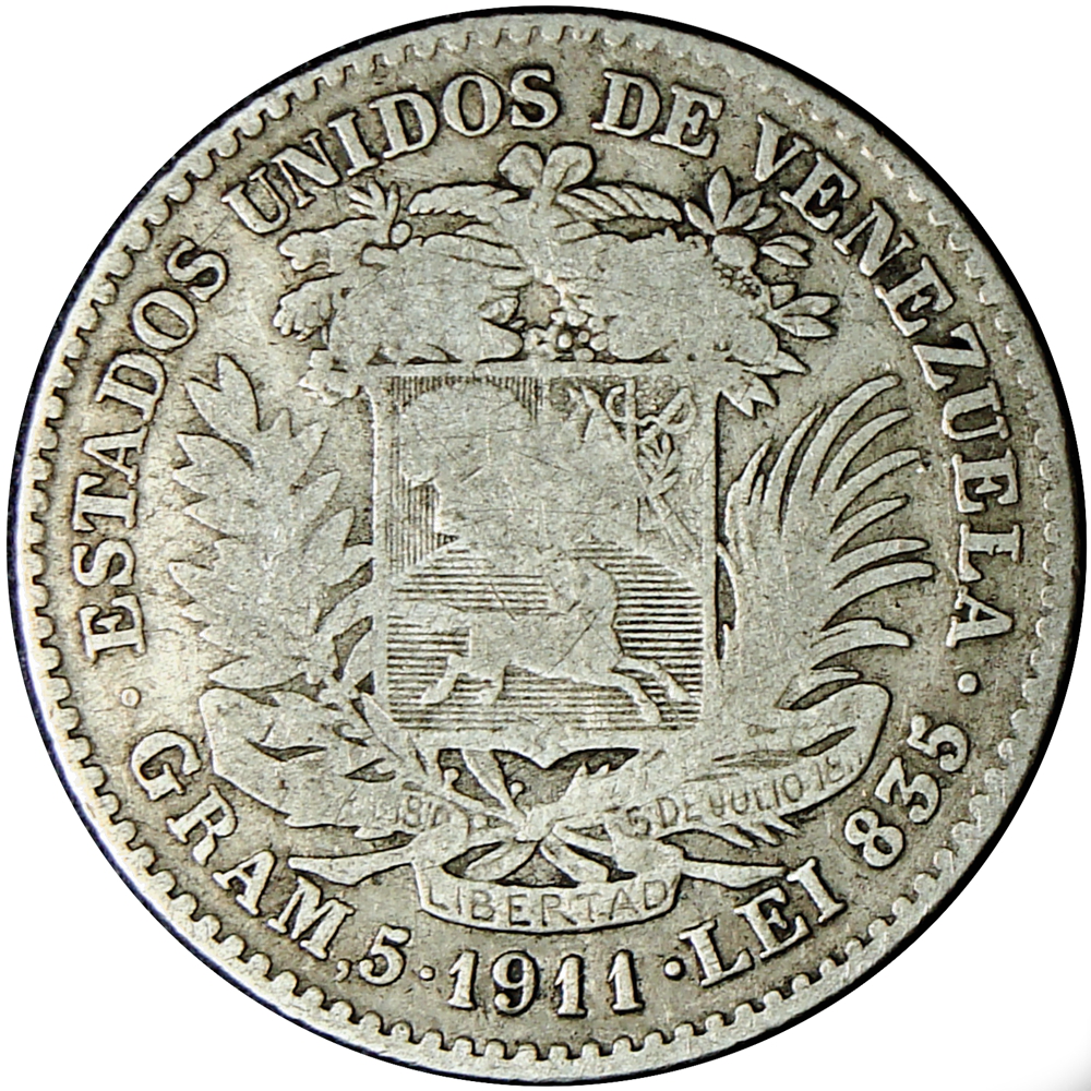 Moneda Plata 1 Bolívar 1911 - 1er 1 y 9 Cercanos - Numisfila