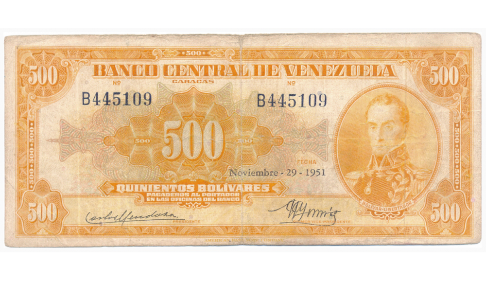 Escaso Billete 500 Bolívares Noviembre 1951 Canario Serial B445109 - Numisfila