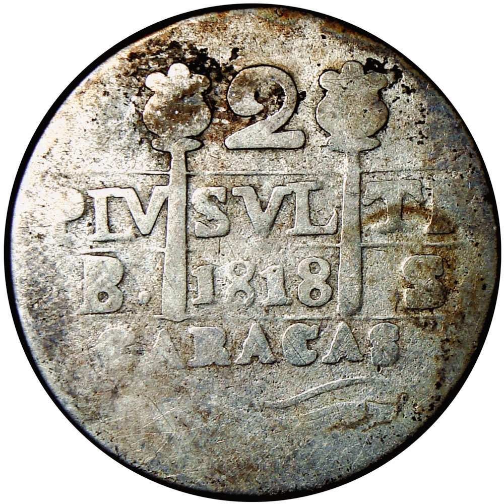 Moneda Provincia de Caracas 2 Reales 1818 B.S. León Castillo Morillera - Numisfila