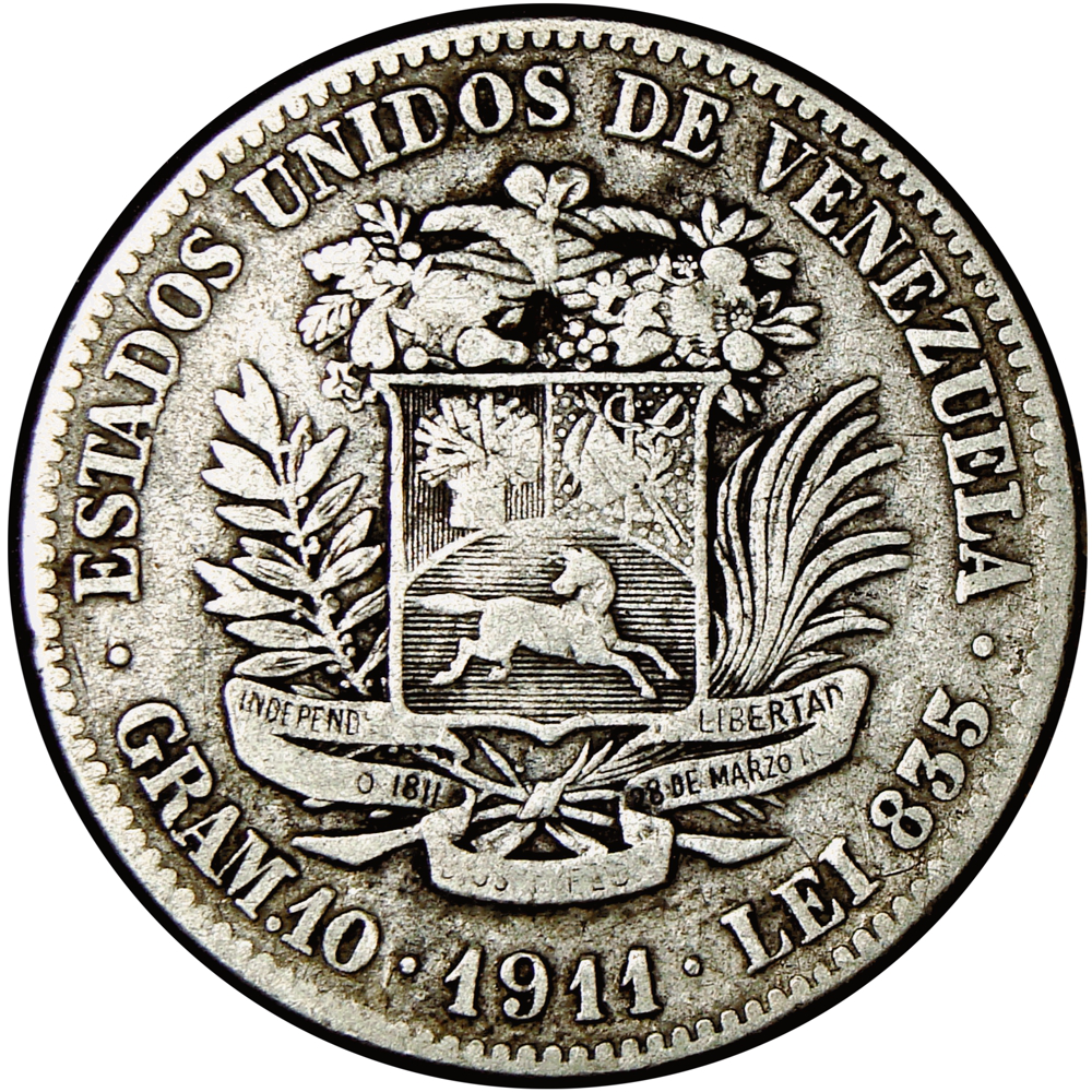 Moneda de Plata 2 Bolivares 1911 Último 1 Alto - Numisfila