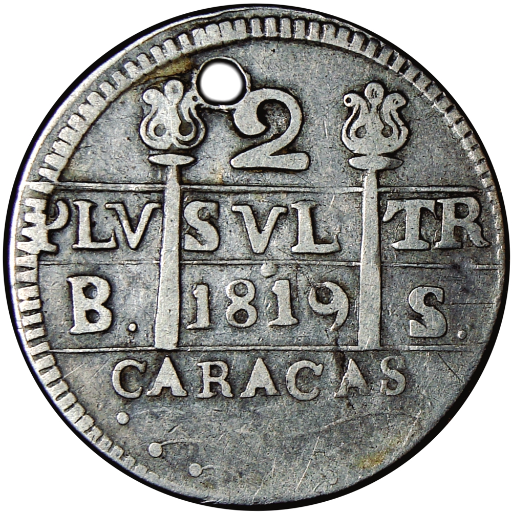 Moneda de Plata Caracas 2 Reales 1819 B. S. León Castillo Morillera Perforada - Numisfila