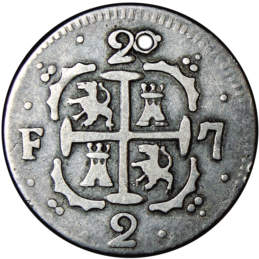 Moneda de Plata Caracas 2 Reales 1819 B. S. León Castillo Morillera Perforada  - Numisfila