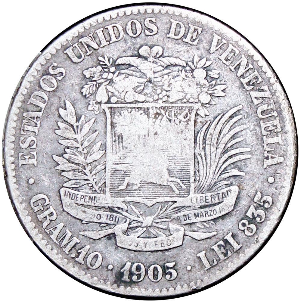 Moneda de Plata 2 Bolivares 1905 Variante 5 Vertical - Numisfila