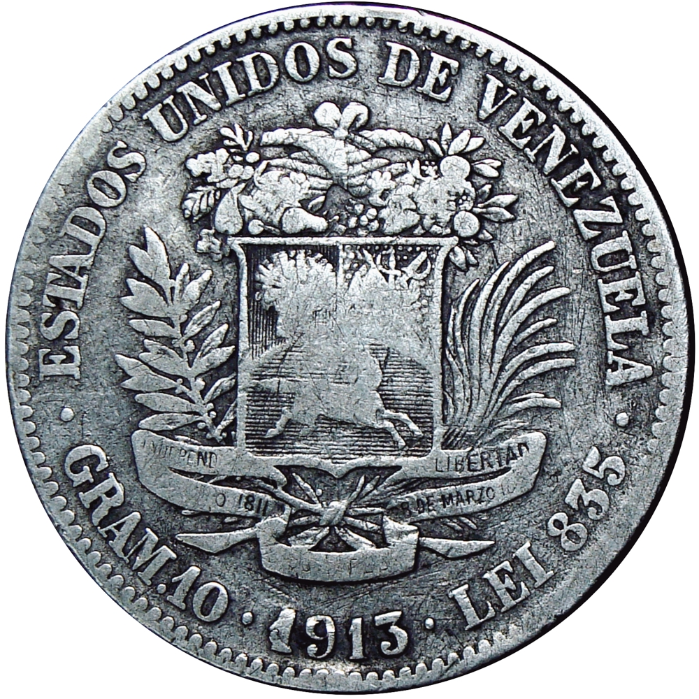 Difícil Moneda de Plata 2 Bolívares 1913 Fecha Normal - Numisfila