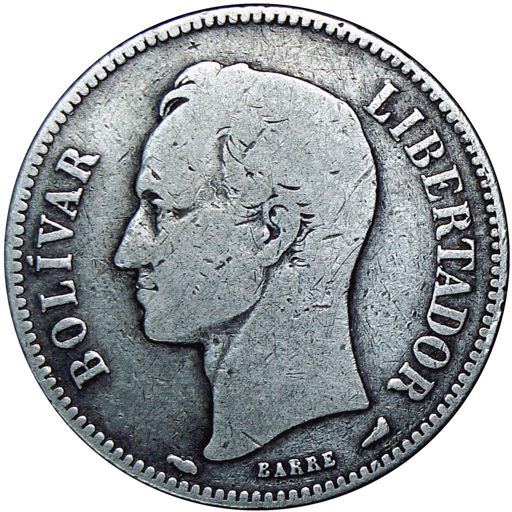 Difícil Moneda de Plata 2 Bolívares 1913 Fecha Normal  - Numisfila