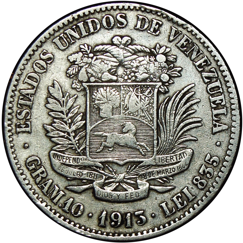 Moneda de Plata 2 Bolívares 1913 Variante 3 Alto - Numisfila