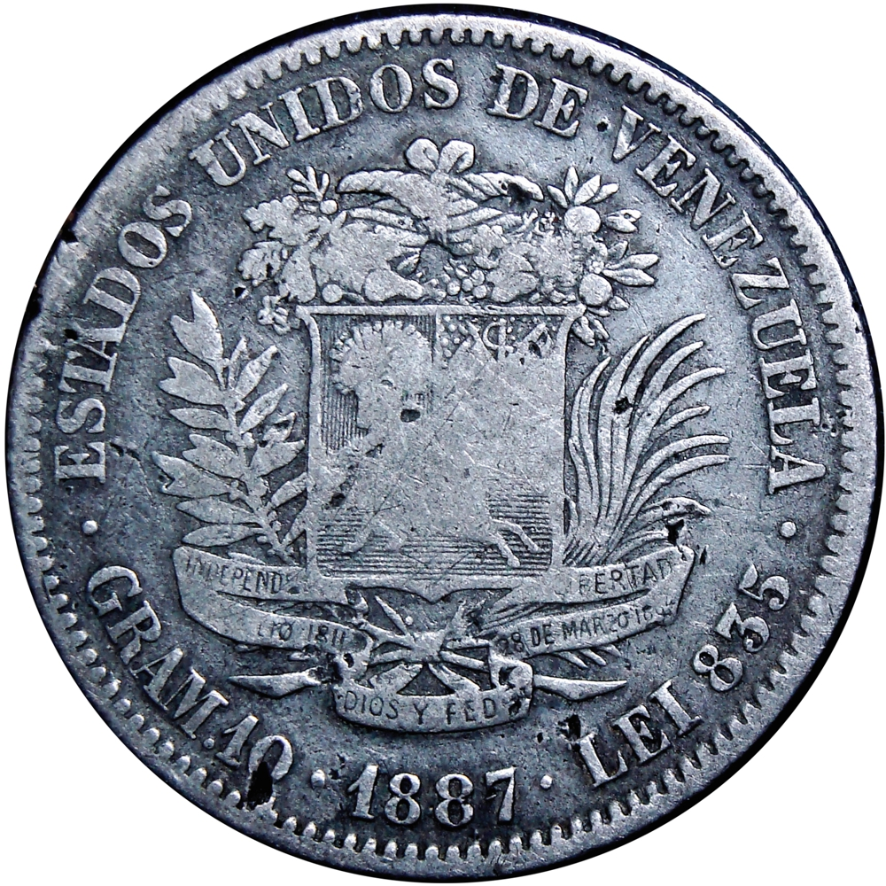 Moneda de Plata 2 Bolívares 1887 - 2do "8" Alto - Numisfila