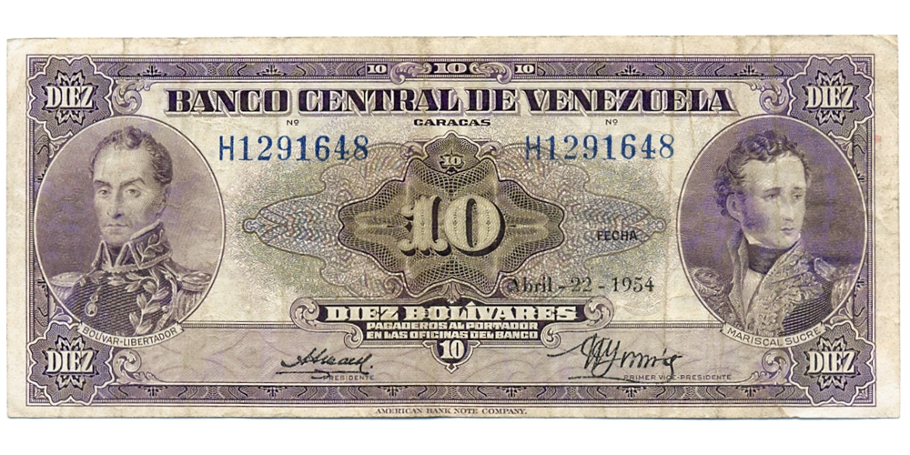 Billete 10 Bolívares Abril 1954 H7 Serial H1291648 - Numisfila