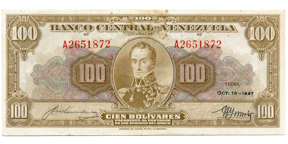 Billete 100 Bolívares Octubre 1947 Serial A2651872 - Numisfila