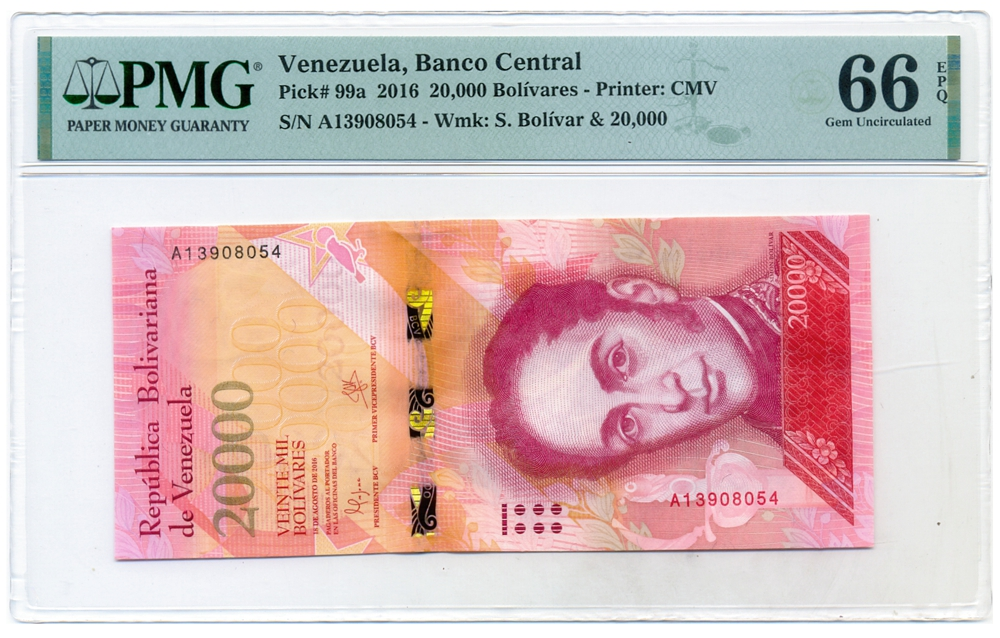 Billete 20.000 Bolívares 2016 A8 Serial A13908054 PMG 66 - Numisfila