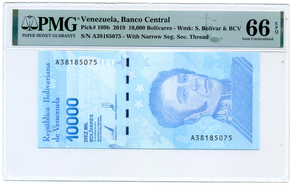 Billete 10.000 Bolívares 2019 A7 Serial A38185075 PMG66 Hilo Delgado - Numisfila