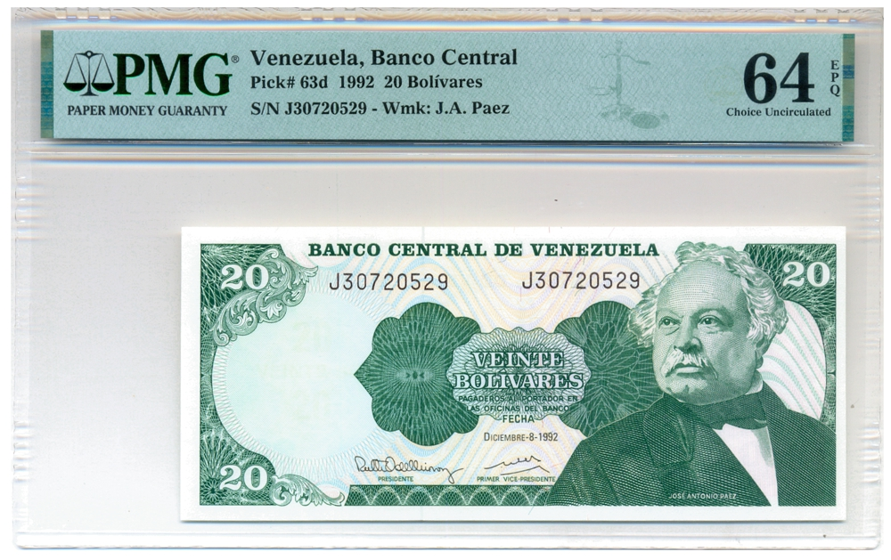 Billete 20 Bolívares 1992 J8 Serial J30720529 PMG 64  - Numisfila