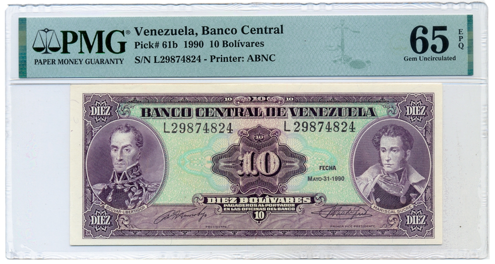 Billete 10 Bolívares 1990 Serial L8 Serial L29874824 PMG65 - Numisfila
