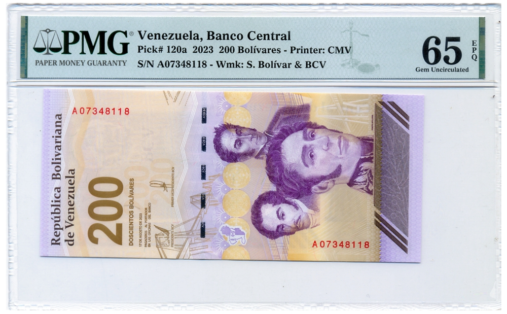 Billete 200 Bolívares 2023 A8 Serial A07348118 PMG 65 - Numisfila