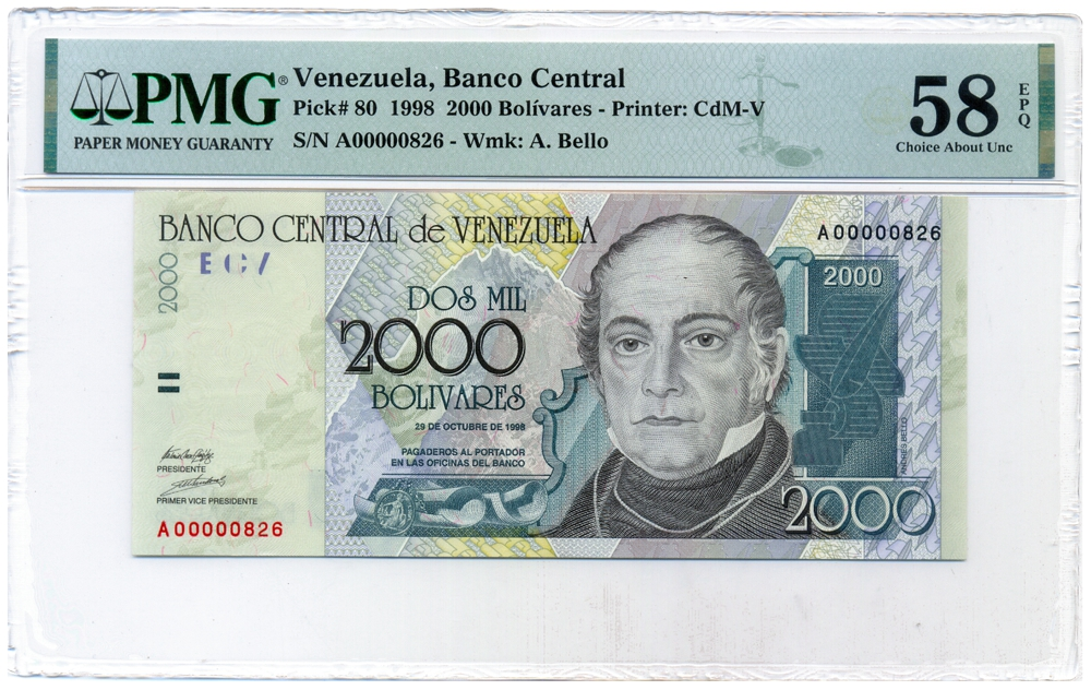 Billete 2000 Bolívares Octubre 1998 A8 Serial Bajo A00000826 - Numisfila
