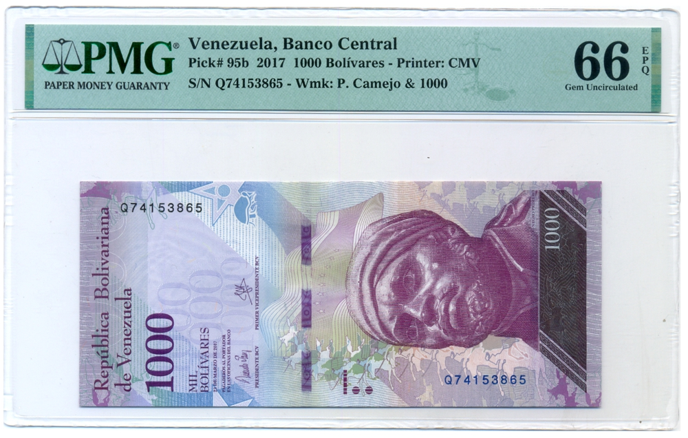 Billete 1000 Bolívares 2017 Q8 Serial Q74153865  PMG 66 - Numisfila