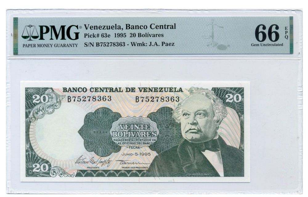 Billete 20 Bolivares 1995 B8 Serial  B75278363 PMG 66 - Numisfila