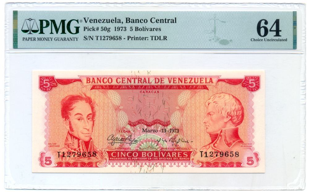 Venezuela Billete 5 Bolívares 1973 T7 Serial T1279658 PMG 64 - Numisfila