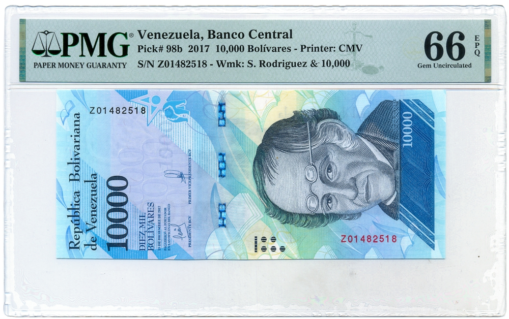Escaso Billete Reposición 10.000 Bolívares 2017 Z8 Serial Z01482518 PMG66 - Numisfila