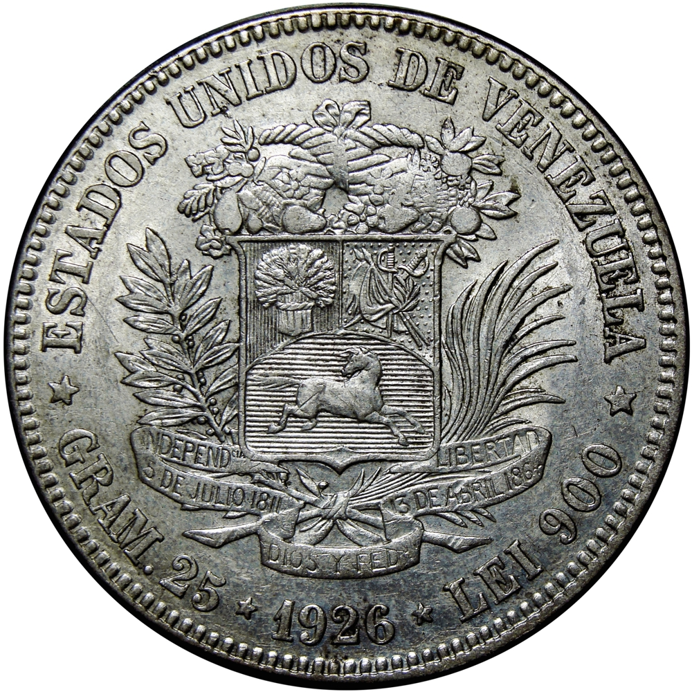 Fuerte Moneda de Plata 5 Bolívares 1926 Fecha Ancha "6" Alto - Numisfila