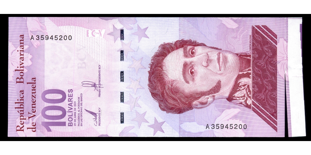 Error de Corte Billete 100 Bolívares 2021 Serial A35945200 - Numisfila