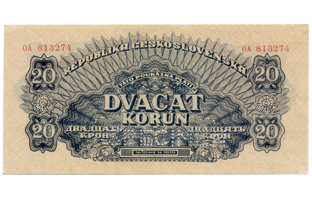 Checoslovaquia Specimen Billete 20 Korun 1944 3ra República - Numisfila