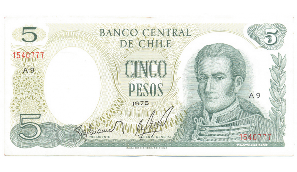 Billete Chile 5 Pesos 1975 J. M. Carrera  - Numisfila