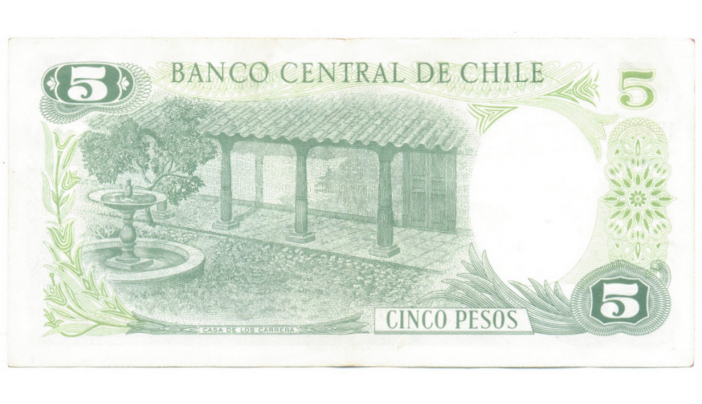 Billete Chile 5 Pesos 1975 J. M. Carrera  - Numisfila