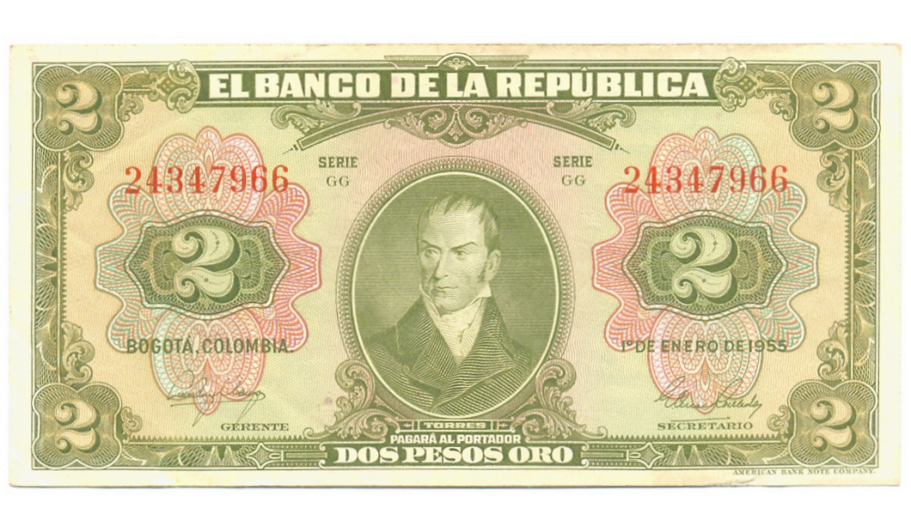 Billete Colombia 2 Pesos Oro 1955 Camilo Torres  - Numisfila