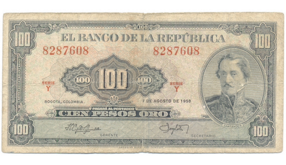 Billete Colombia 100 Pesos Oro 1958 Santander  - Numisfila