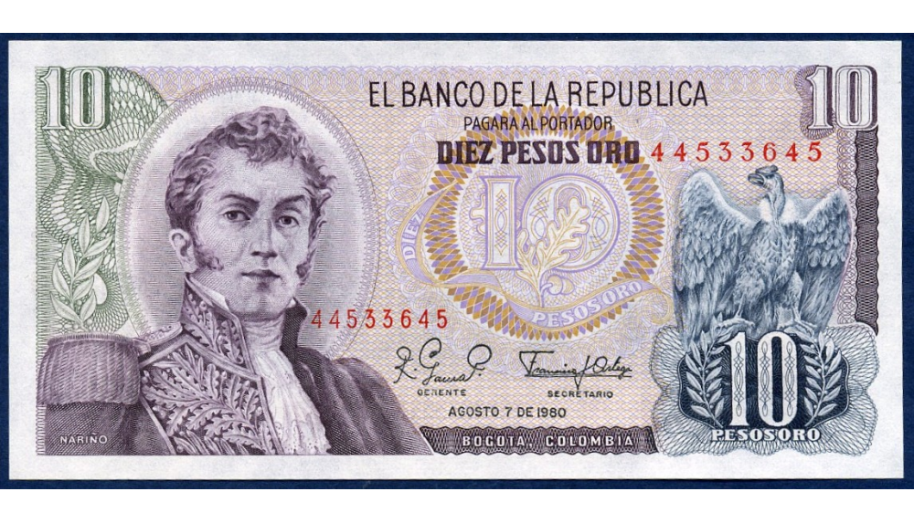 Billete Colombia 10 Pesos de Oro 1980 - Numisfila
