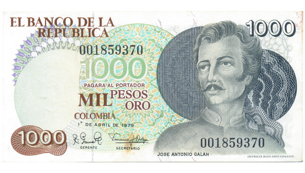 Billete Colombia 1000 Pesos Oro 1979 José Antonio Galán  - Numisfila