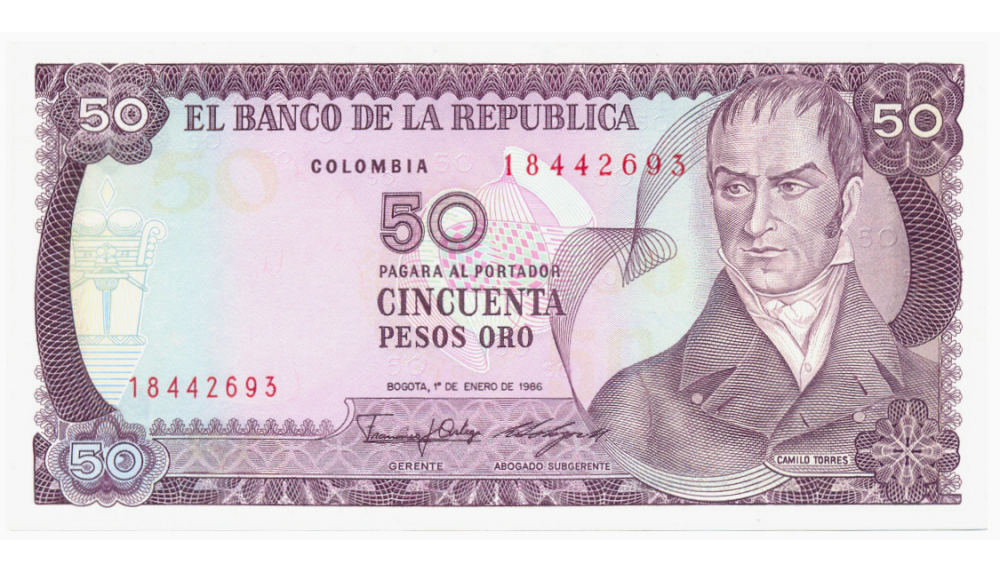 Billete Colombia 50 Pesos Oro 1986 Camilo Torres  - Numisfila