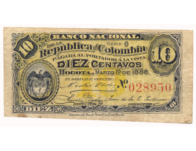 Billete Colombia 10 Centavos 1880 Banco Nacional de la República de Colombia  - Numisfila